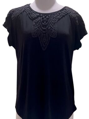 Women's Black Short-Sleeve Top with Crochet Yoke
